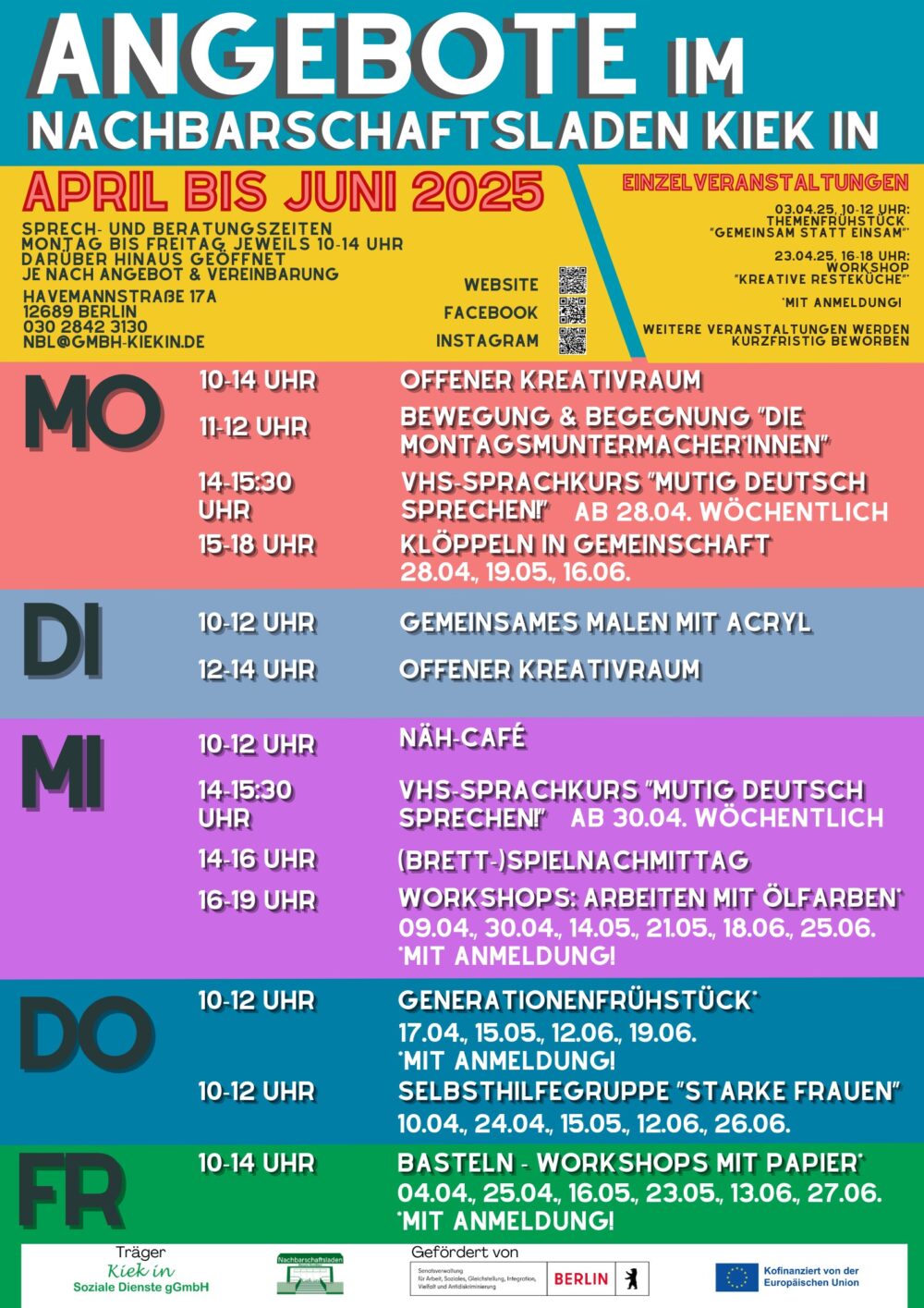Plakat für 2. Quartal 2025 mit allen Angeboten vom Nachbarschaftsladen "Kiek in", auch barrierearm im Kalender zugänglich