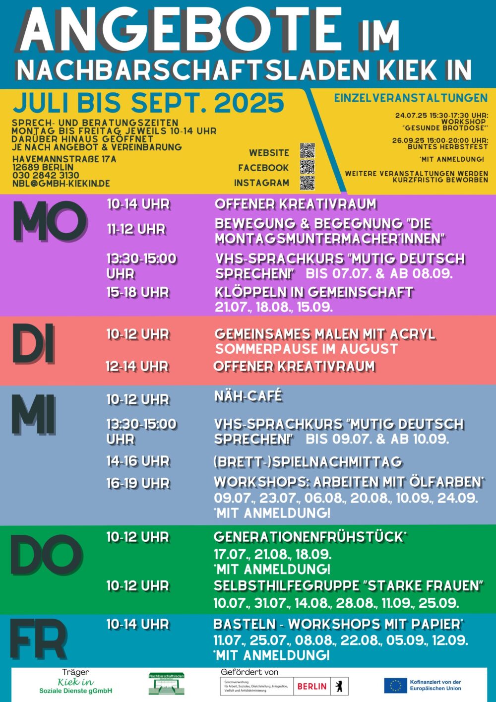 Plakat für 3. Quartal 2025 mit allen Angeboten vom Nachbarschaftsladen "Kiek in", auch barrierearm im Kalender zugänglich