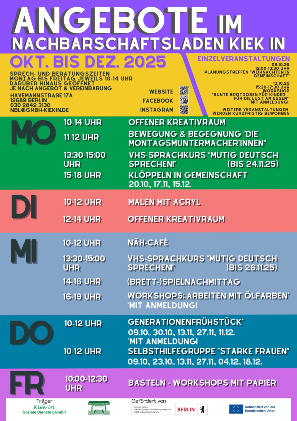 Plakat für 4. Quartal 2025 mit allen Angeboten vom Nachbarschaftsladen "Kiek in", auch barrierearm im Kalender zugänglich